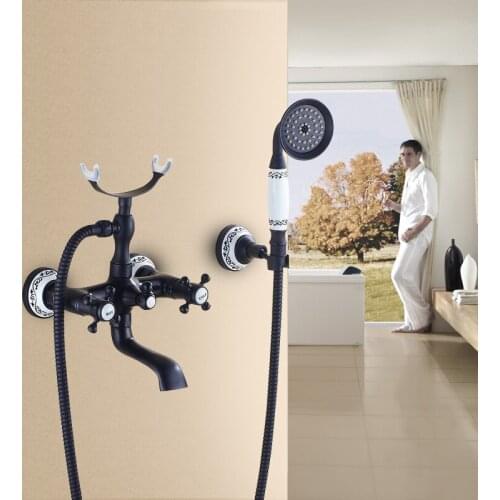 Bathroom Vintage Nickel Brushed Black Brass Simple Shower Set Wall Mounted Bath Shower Mixer Tap Phone Ceramic Handheld