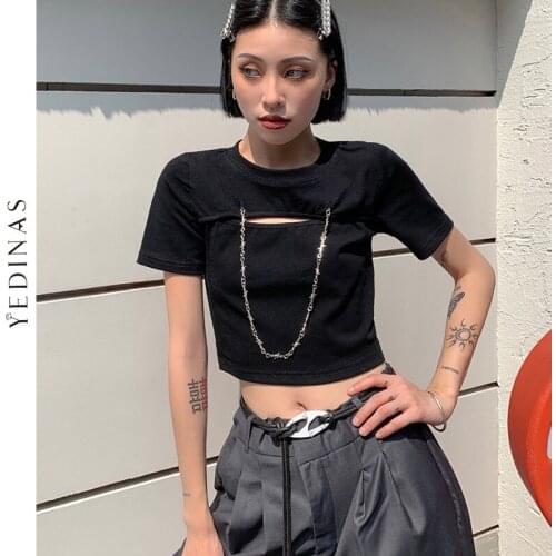 Yedinas Gothic Slim Crop Top Women Chain Hollow Out Short Sleeve T-shirt Grunge Clothes Korean Japanese Black Tshirt Streetwear