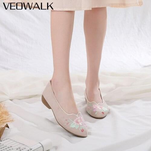 Veowalk Flowers Embroidered Women Cotton Slip On Pointy Toe Ballet Flats Comfortable Soft Ballerinas Ladies Casual Walking Shoes