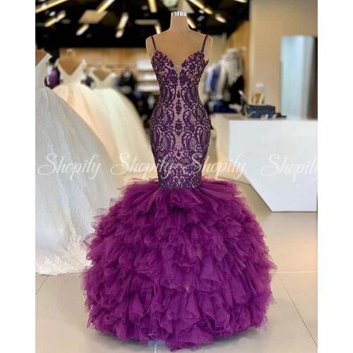 Long Evening Dresses 2020 Sexy Mermaid Style V-neck Beaded Embroidery Ruffles Purple Dubai Women Formal Party Gowns