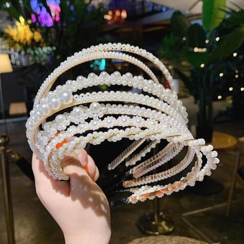11 Styles Simulation Pearl Hairbands Women Hair Accessories Korean Handmade Bow Flower Hoops Headband Wedding Ornaments 2021 New