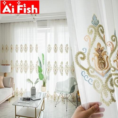 European Luxury Beige Embroidered Tulle Voile Curtains For Bedroom Flower Lace Gauze Sheer Curtains Drapes Blinds Tend #4