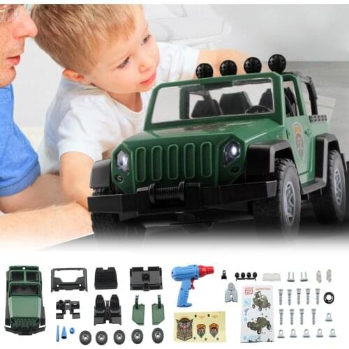 DIY Assembly Model Jeep Car Kit Kids Drill Screws Toys Building Car With Lights and Sound Take Apart Tool 44 Pieces Set