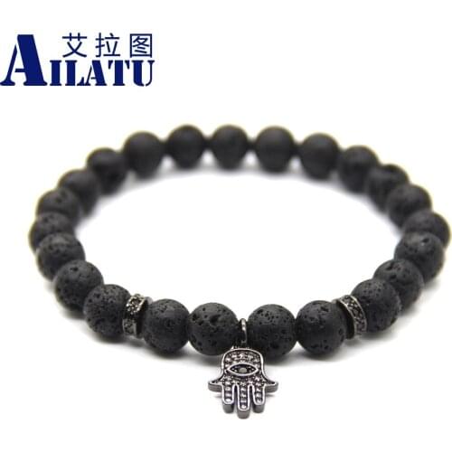 Ailatu 8mm Black Lava Stone with High Grade Micro Pave Black CZ Stoppers Hamsa Hand Pendants Bracelet