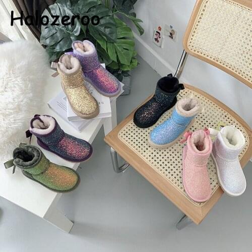 Winter Kids Bow Snow Boots Baby Girls Ankle Boots Children Bling Brand Shoes Warm Glitter Boots Toddler Dress Princess Shoes New