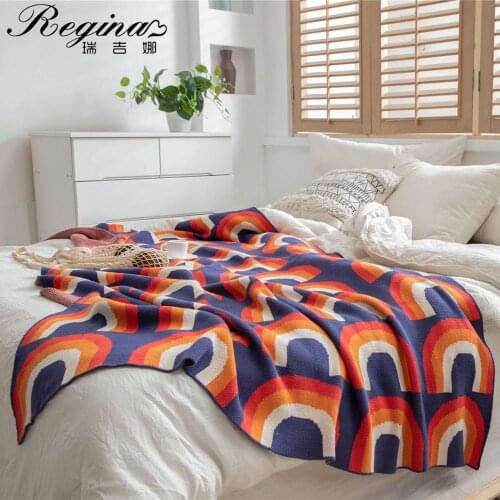REGINA Brand Contrast Color Rainbow Blanket Bohemian Home Decoration Bedspread Sofa Cover Pure Cotton Cute Knitted Throw Blanket