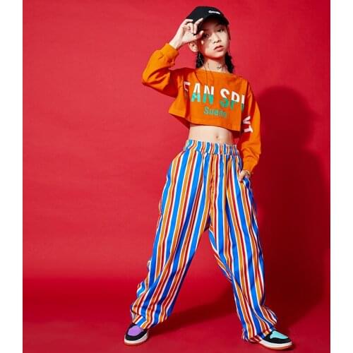 Kid Cool Hip Hop Clothing Crop Top Long Sleeve Shirt Sweatshirt Striped Streetwear Pants for Girls Jazz Dance Costume Clothes