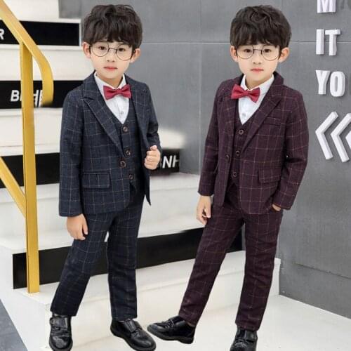 Children Formal Plaid Suit Set Flower Boys Wedding Party Piano Performace Costume Kids Blazer Vest Pant 3pcs Clothes Set