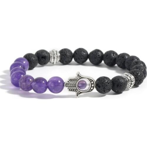 8MM Volcanic Stone Fatima Palm Evil Eye Seven Chakra Elastic Rope Yoga Meditation Men Women Charm Fashion Lucky Bracelet