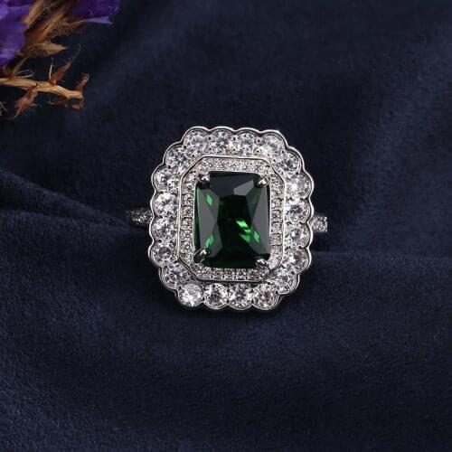 Cellacity Rectangle Gemstones Ring for Women Green Silver 925 Jewelry Flower shaped Geometry Lotus modelling Party Female Gift