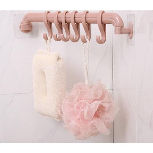 Creative 6-row Hooks Plastic Shower Shelf Bathroom Gadgets Rack Organizer Wall Mounted Type Free Punch Household Items