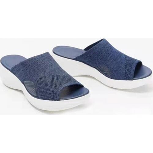 Summer Ladies Knitted Wedge Sports Sandals New Flat Fish Mouth Mesh Breathable Casual Beach Womens Slippers