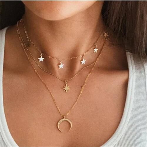 Fashion 2020 Star Moon Necklace For Women Gold Color Bohemian Long Multilayer Chain Necklaces Female Party Jewelry