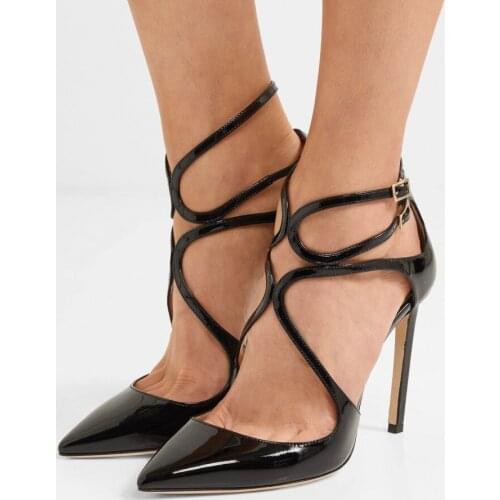 Moraima Snc Black Patent Leather High Heel Sandals Pointed Toe Cross-tied Thin Heels Woman Shoes Cutouts Party Wedding Shoes
