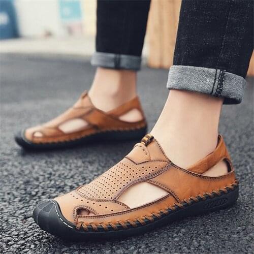 Mens Classic Summer Leather Soft Breathable Shoes Beach Roman BAOTOU Sandals Male Wear-Resisting Sewing Casual Footwear
