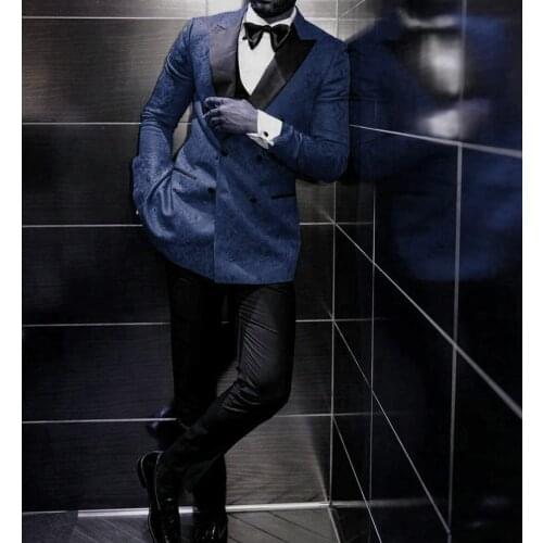 Double Breasted Groomsmen Navy Blue Pattern and Black Groom Tuxedos Peak Lapel Men Suits ( Jacket+Pants+Vest+Bow Tie ) D308