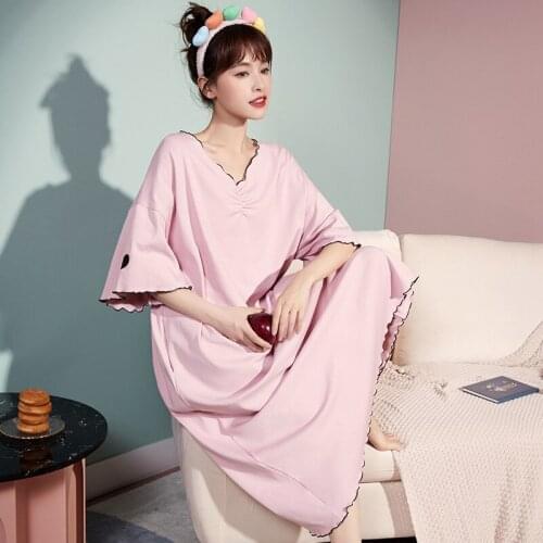 Nightdress Womens Summer Cotton Short Sleeve 2021 New Korean Lovely Home Clothes Womens All Cotton Thin Pajamas Skirt