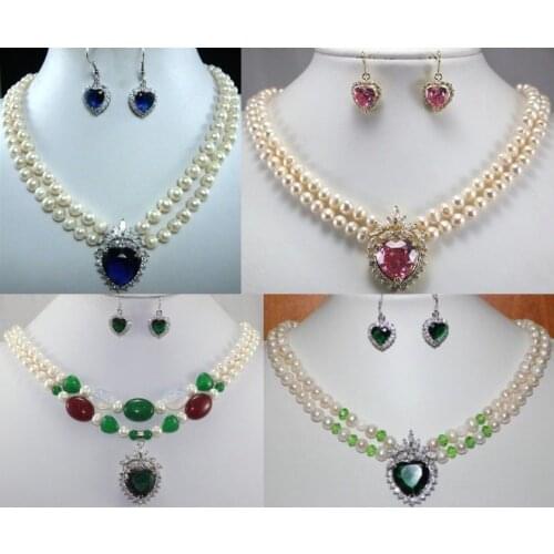 Wholesale new 5 color-2 row white pearl/jades necklace & heart zirconia pendant necklace se