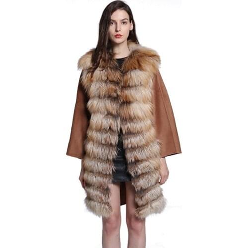 Autumn Winter Womens Genuine Striped Fox Fur Coat Lady X-Long Warm Wool Blend Outerwear Garment VF5061