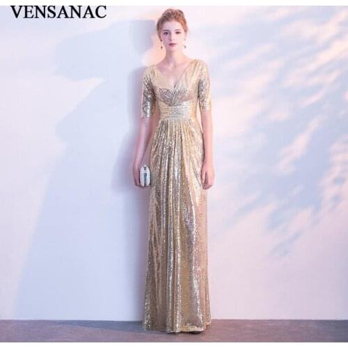 VENSANAC Sexy Deep V Neck Sequined A Line Long Evening Dresses Half Sleeve Backless Party Prom Gowns