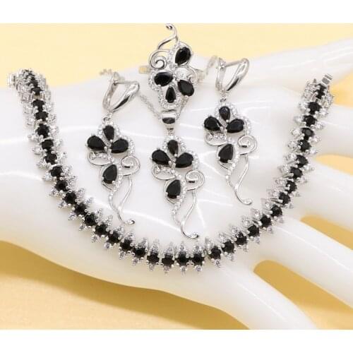Black Jewelry Sets Cubic Zirconia Sterling Silver Color Trendy Pendant Necklace Earring Bracelet Ring for Ladies Fashion Gift