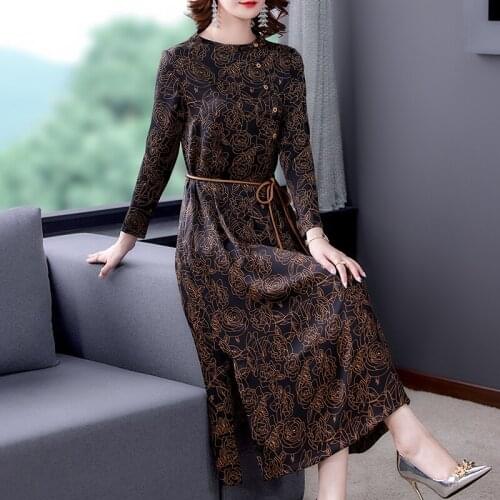 2021 Vintage Casual Print Midi Dresses Spring Autumn Mulberry Silk Satin Long Sleeve Dress Women Elegant Bodycon Party Vestidos