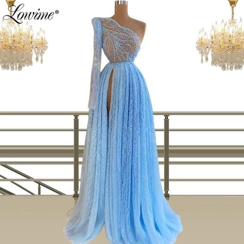 Blue Lace Beads Party Dresses Robe De Soiree One Shoulder Middle East Women Evening Wear High Split Dubai Arabic Prom Dress Long