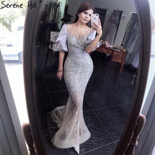 Serene Hill Silver Nude Luxury Beadings Mermaid Evening Dress 2021 Half Sleeves Elegant For Women Formal Party Gown CLA70809
