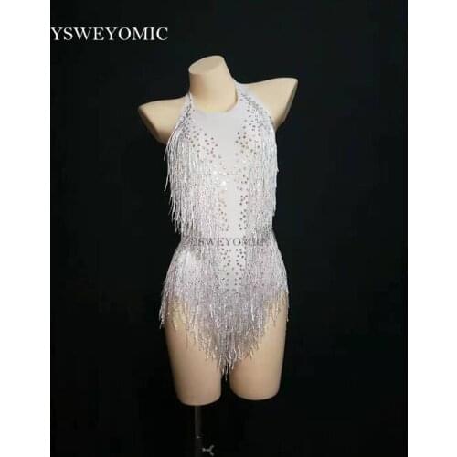 2019 White Rhinestones Tassel Sleeves Short Bodysuit Birthday Celebrate Bar Bodysuit Women Dance Stage Wear Nightclub Outfit