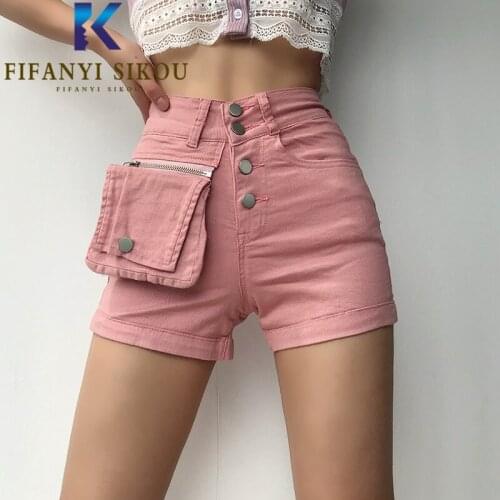 2021 Summer Denim Shorts Women Single Breasted Pocket Spliced Fashion High Waist Shorts Stretch Jeans Female Skinny Short Pants