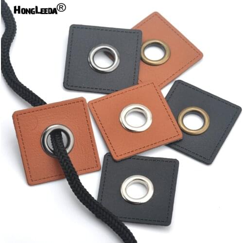 30pcs/lot 37mm square black/brown PU leather sew on Badges patch labels + inner 10mm metal brass eyelets grommets free ship