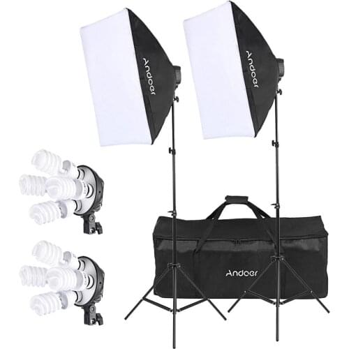Andoer Studio Photo Lighting Kit with 2 * Softbox / 2 * 4in1 Bulb Socket / 8 * 45W Bulb / 2 * Light Stand / 1 * Carrying Bag