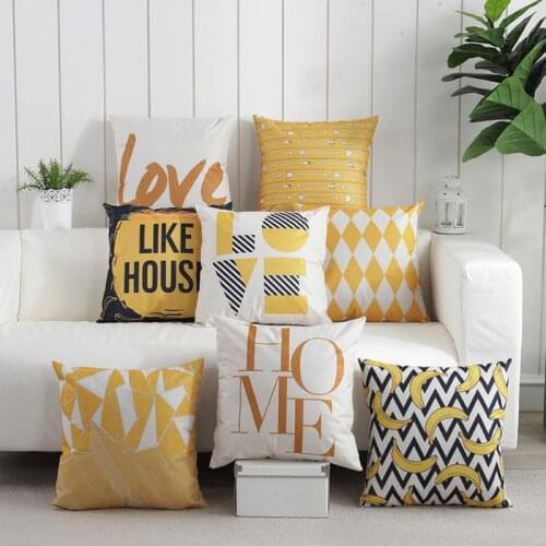 Double Sides Print Yellow Geometric Cushion Cover Simple Stripes Rhombus English Letters Love Sweet Home Pillowcase Nordic Style