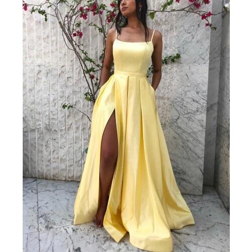 Elegant Long Yellow Satin V-Neck Prom Dresses with Pockets Spaghetti Side Slit Zipper Back Robes De Mariée Party Gown For Women