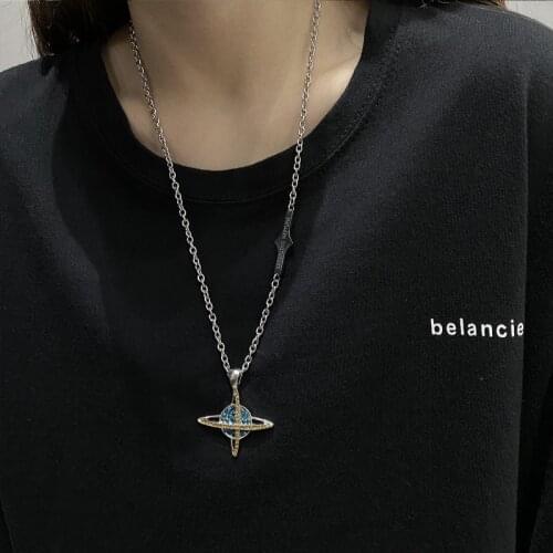 Hip Hop Harajuku Titanium Steel Bling Rhinestone Planet Pendant Necklaces for Women Man Unisex Universe Chain Necklace Jewelry