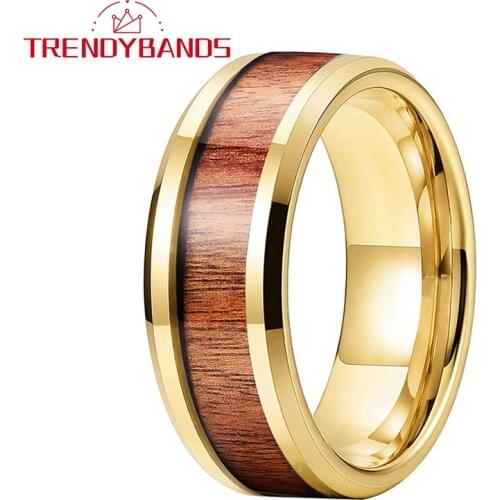 8MM Mens Womens Tungsten Carbide Rings Wedding Band Gold Beveled Edges Polished Shiny Comfort Fit