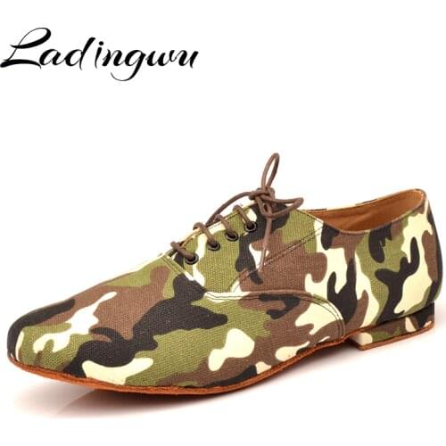 Ladingwu New Hot Brand Modern Mens Boys Ballroom Tango Latin Dance Shoes Camouflage Pattern Canvas Man Dance Shoes Man Heel 1