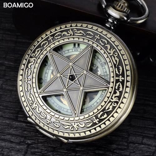 FOB men pocket watches antique mechanical watches BOAMIGO skeleton roman number watches copper star design clock reloj hombre