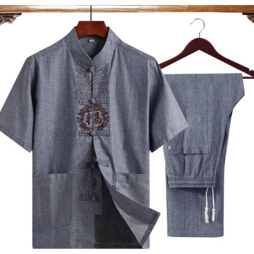 Vestido chines Short Sleeve Shirt+Pant 2Pcs/Set Luxury Plus Size 4XL Men Kung Fu Tai Chi Suit l Gray ClassicWu Shu Clothing