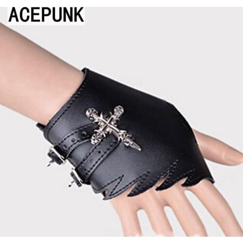 Performance Punk Leather Bracelet Men Cross Skull Skeleton Half Finger Skull Hip-Hop Bracelets Non-Mainstream Perak Gloves Tide