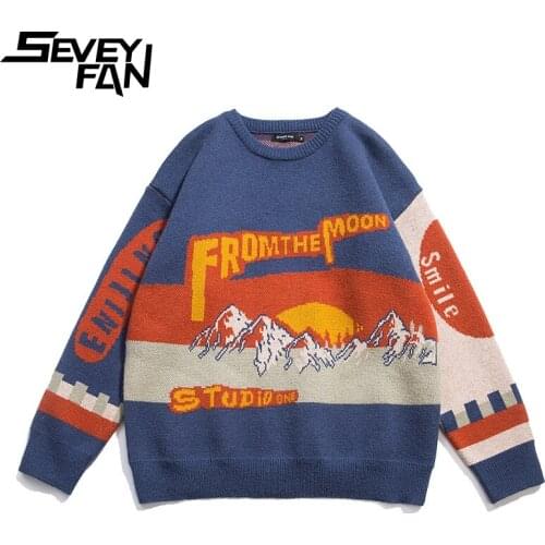 SEVEYFAN Mens Snow Mountain Jacquard Sweaters Color Contrast Loose Cotton O Neck Kintwear Hip Hop Pullover Sweater for Couples