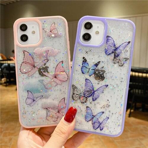 Glitter Sequins Butterfly Pattern Soft Tpu Phone Case for iPhone 12 11 Pro Max XS Max XR X 7 8 Plus Transparent Cute Star Cover