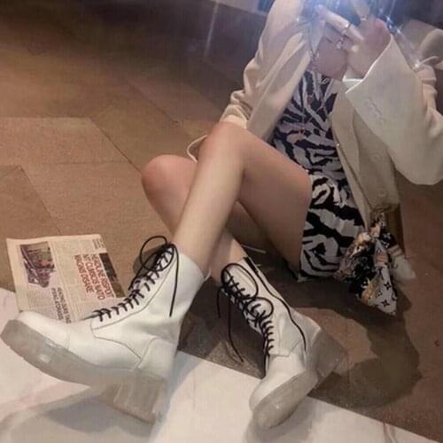2021 Winter New British Style Crystal Transparent Bottom Lace Martin Boots Fashion All-Match Leather Short Boots Women