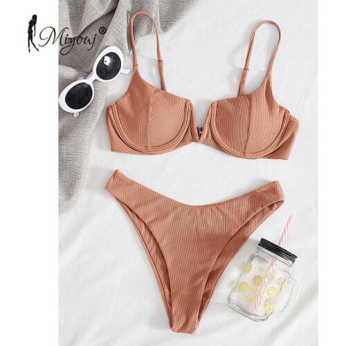 Miyouj Solid Color Bikinis String Swimwear High Cut Women Swimsuit Rib Bath Suits 2021 New Bikini Set Sexy Beach Biquini