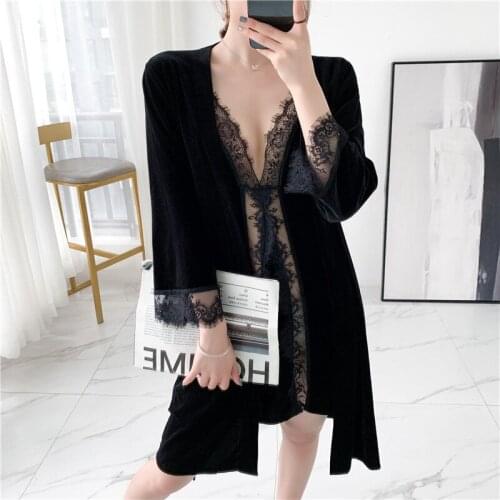Autumn/winter Korean velvet womens sexy halter belt pajamas long-sleeved golden velvet robe two pieces female home wear