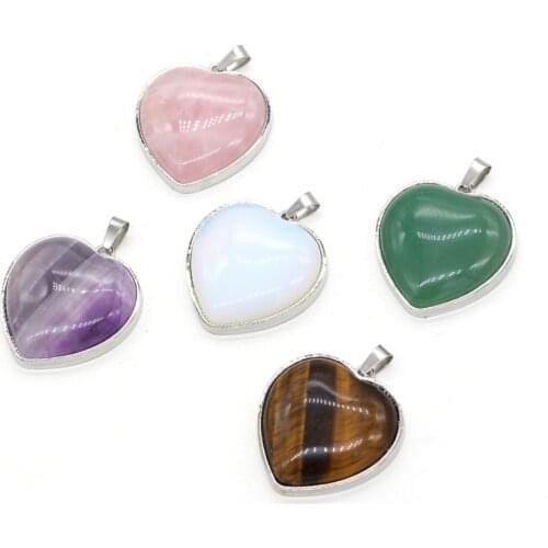 Natural Crystal Stone Pendants Heart Shape Rose Quartzs Amethysts Opal Charms for Jewelry Making Necklace Bracelet DIY Gift