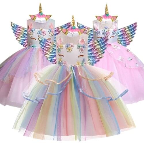 Colorful Unicorn Girls Dress Halloween Party Princess Dress Christmas Carnival Costume Flower Girl Wedding Dresses 3 to 10 Years