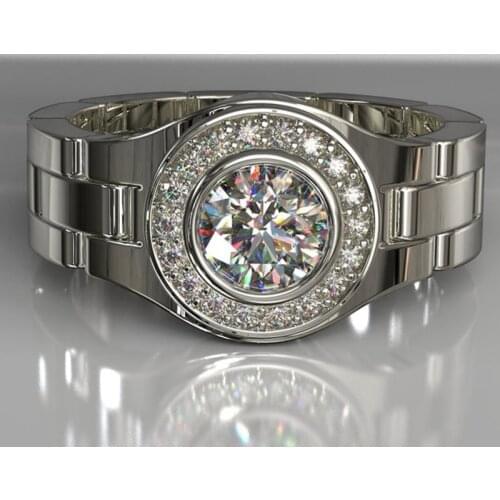 Luxury Silver Color White CZ Stone Ring Watch Band Shaped Finger Rings For Men Women Wedding Party Jewelry Accessories B4M888