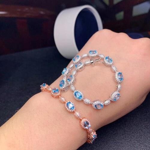 Luxurious Cylinder round natural blue topaz Bracelet Natural gemstone bracelet S925 silver woman girl party gift fine jewelry