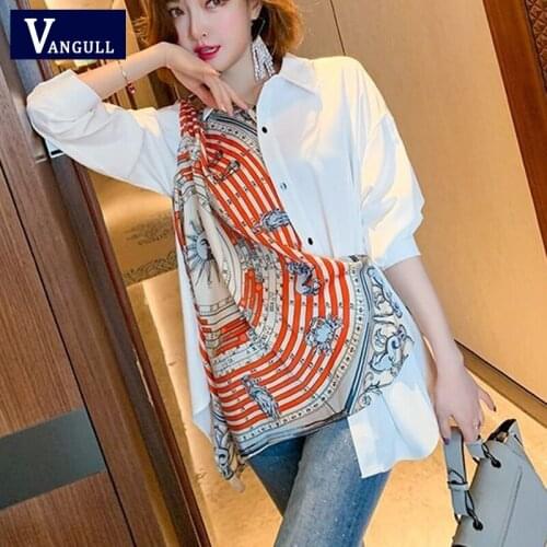 Vangull Vintage Printted Women Blouse Irregular Patchwork Loose Oversized Shirts 2021 Summer New Single Breasted Female Tops